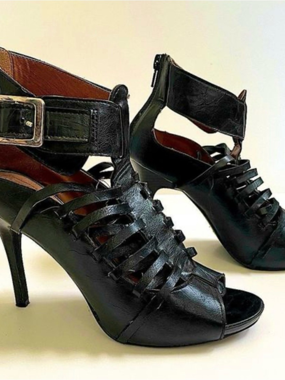 Elizabeth and James Black Strappy Cage Peep-Toe Heels